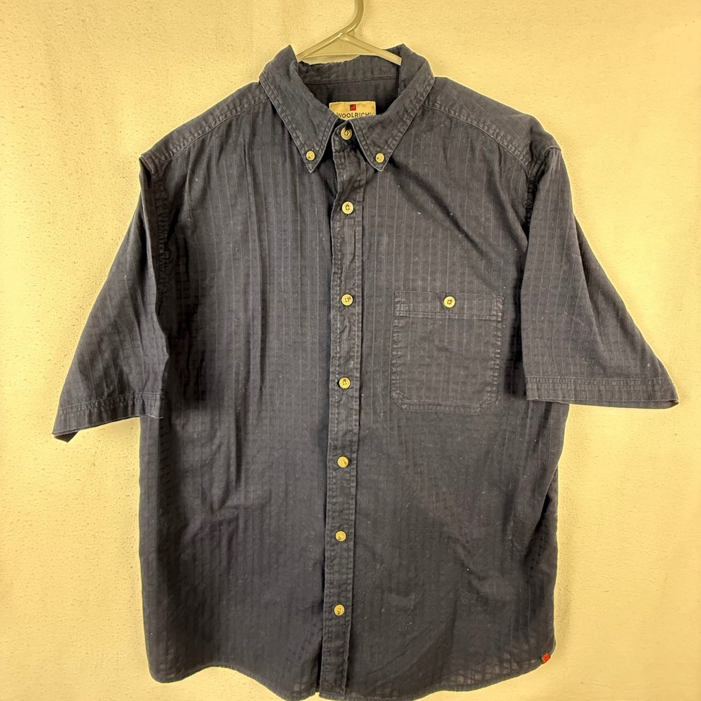 Woolrich Shirt Mens L Navy Blue Short Sleeve Button Down Textured VerticalStripe